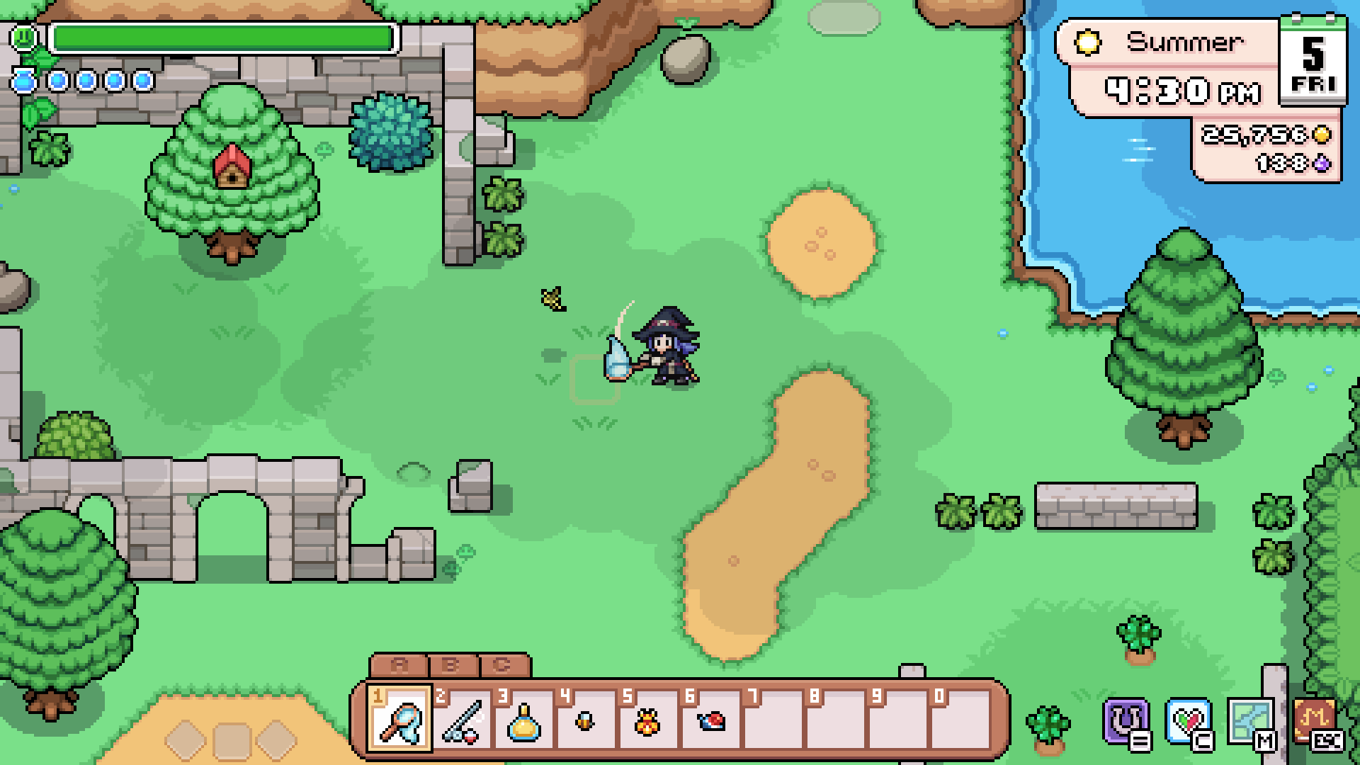 Player catching a bug beside stone ruins on the Eastern Road