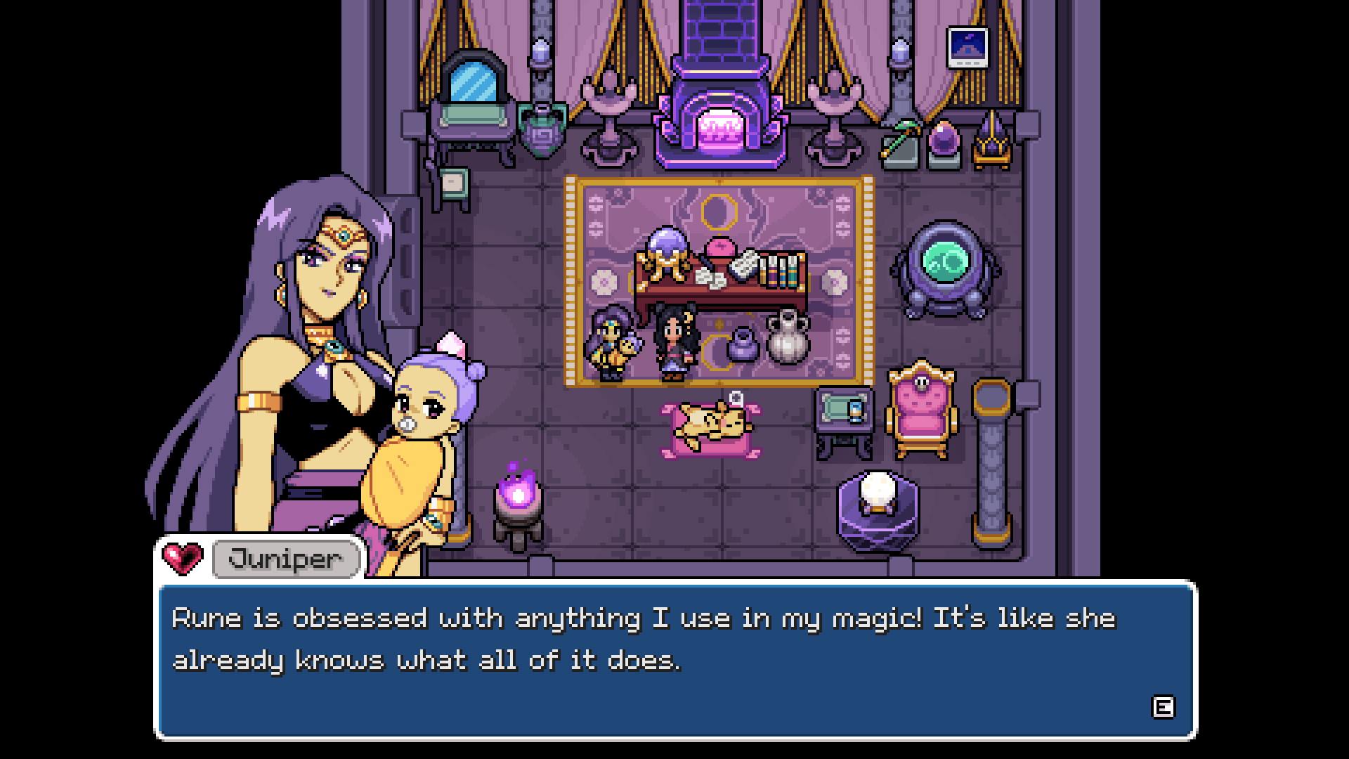 Juniper holding a child inside her magical home