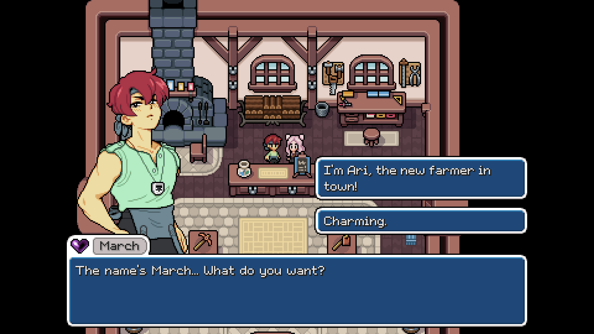 Player speaking with March inside the Blacksmith shop