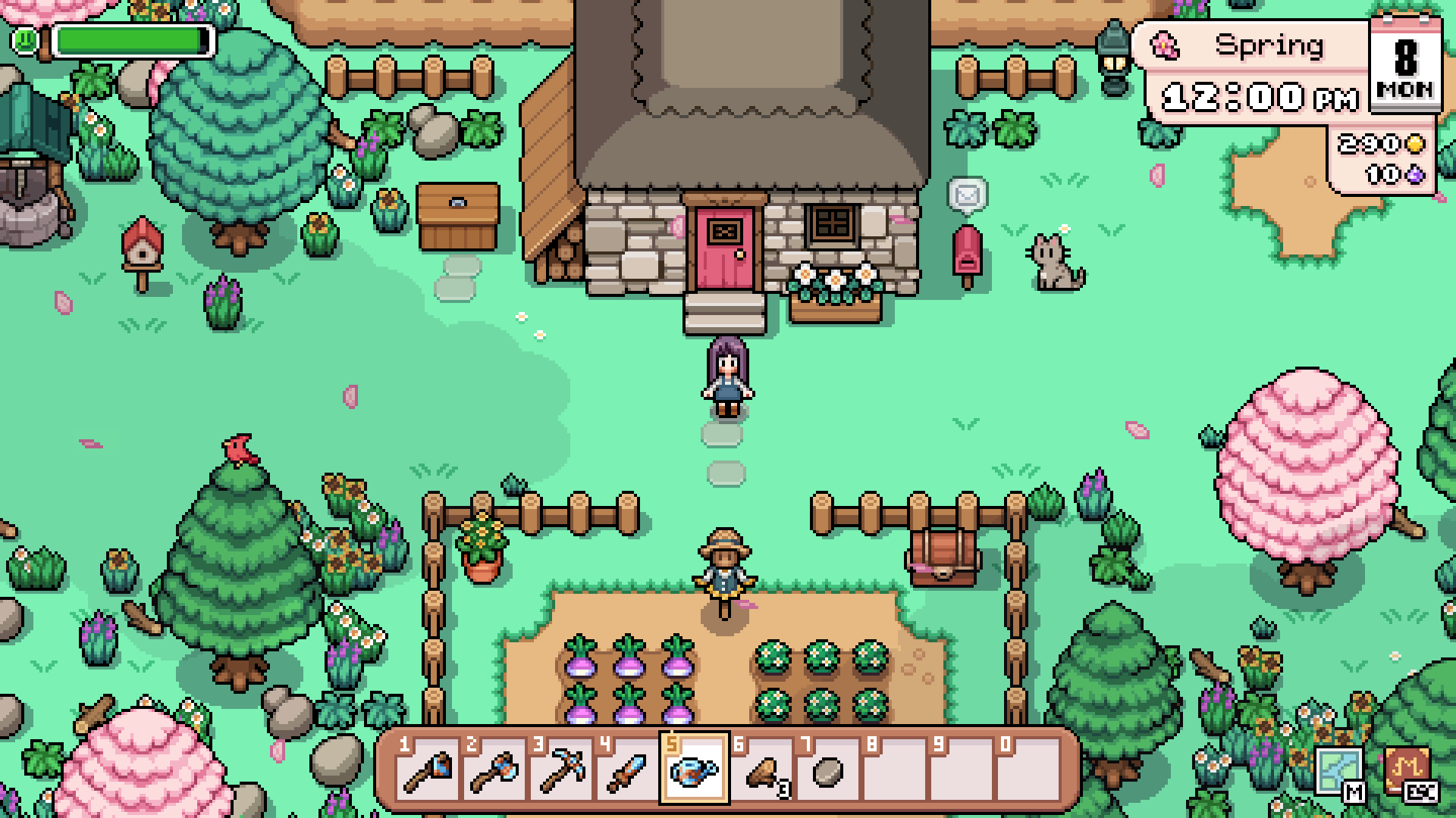 Player standing outside a spring farmhouse in Fields of Mistria