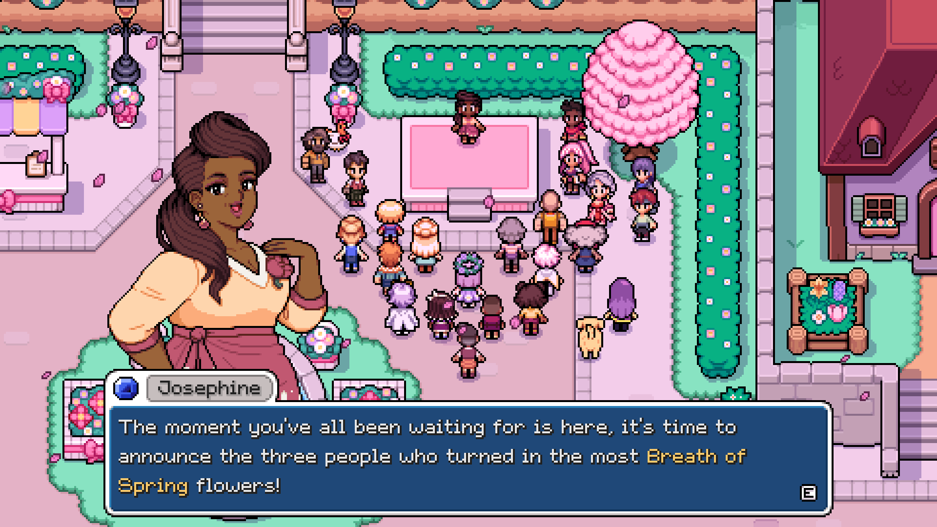 Josephine announcing the Spring Festival winners in Mistria town square