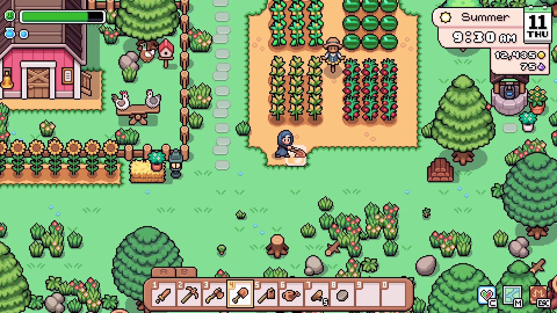 Player tending a summer farm with crops and animals in Mistria