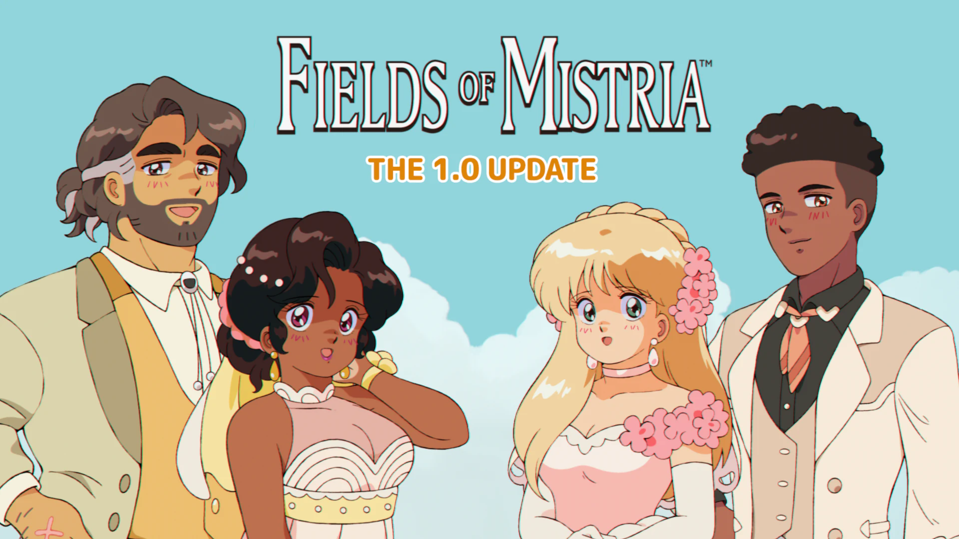Fields of Mistria 1.0 update artwork featuring four wedding-ready characters