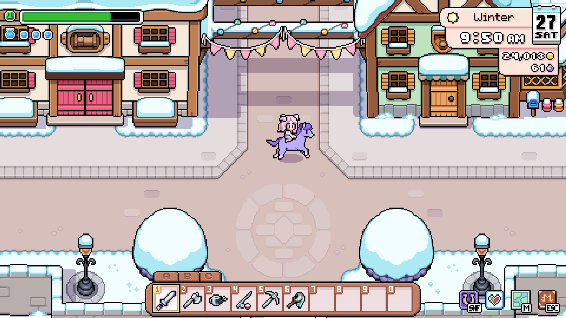 Player riding the Mistmare through Mistria town square in winter