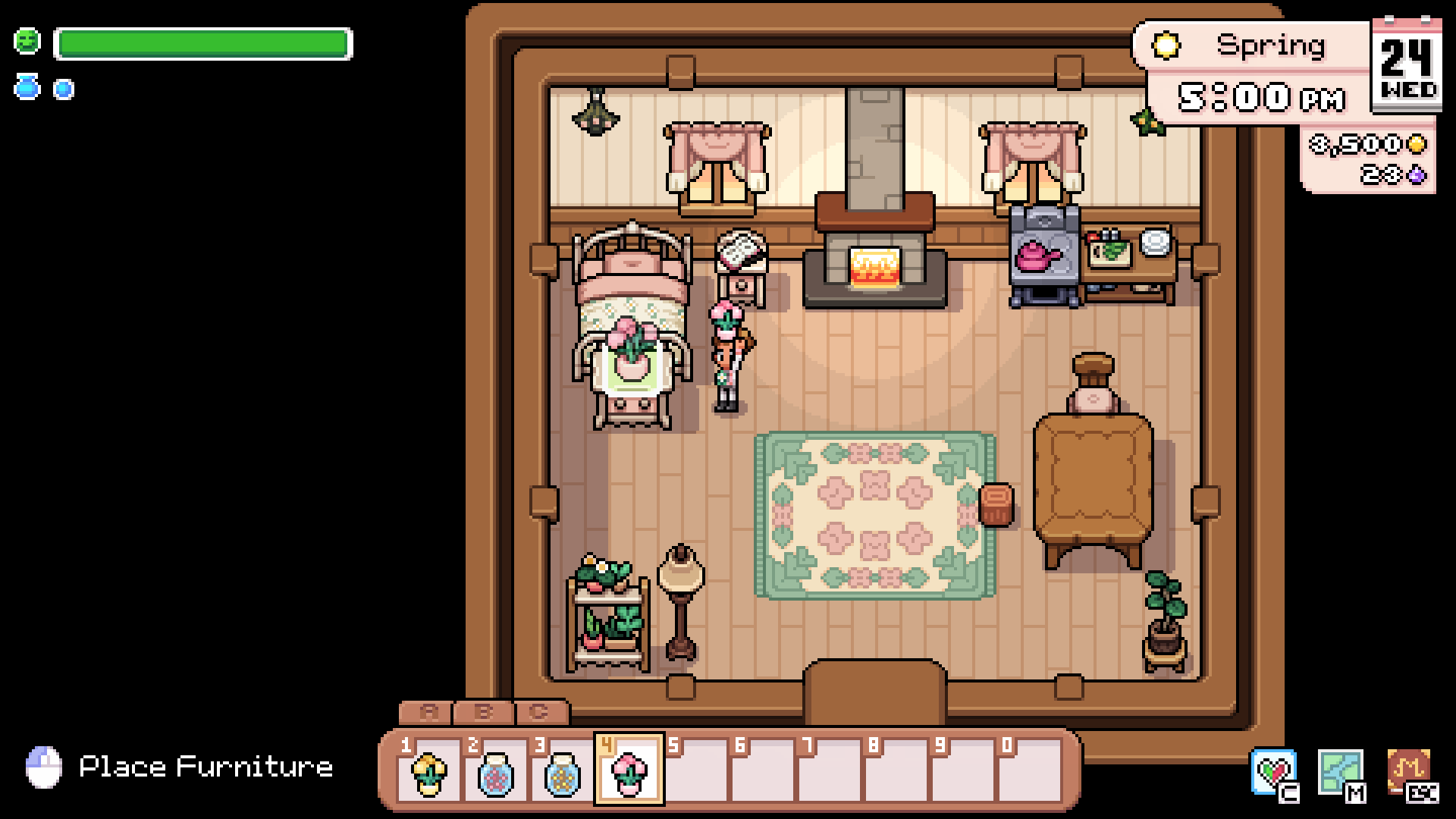 Player decorating a cozy cottage-style home in Fields of Mistria