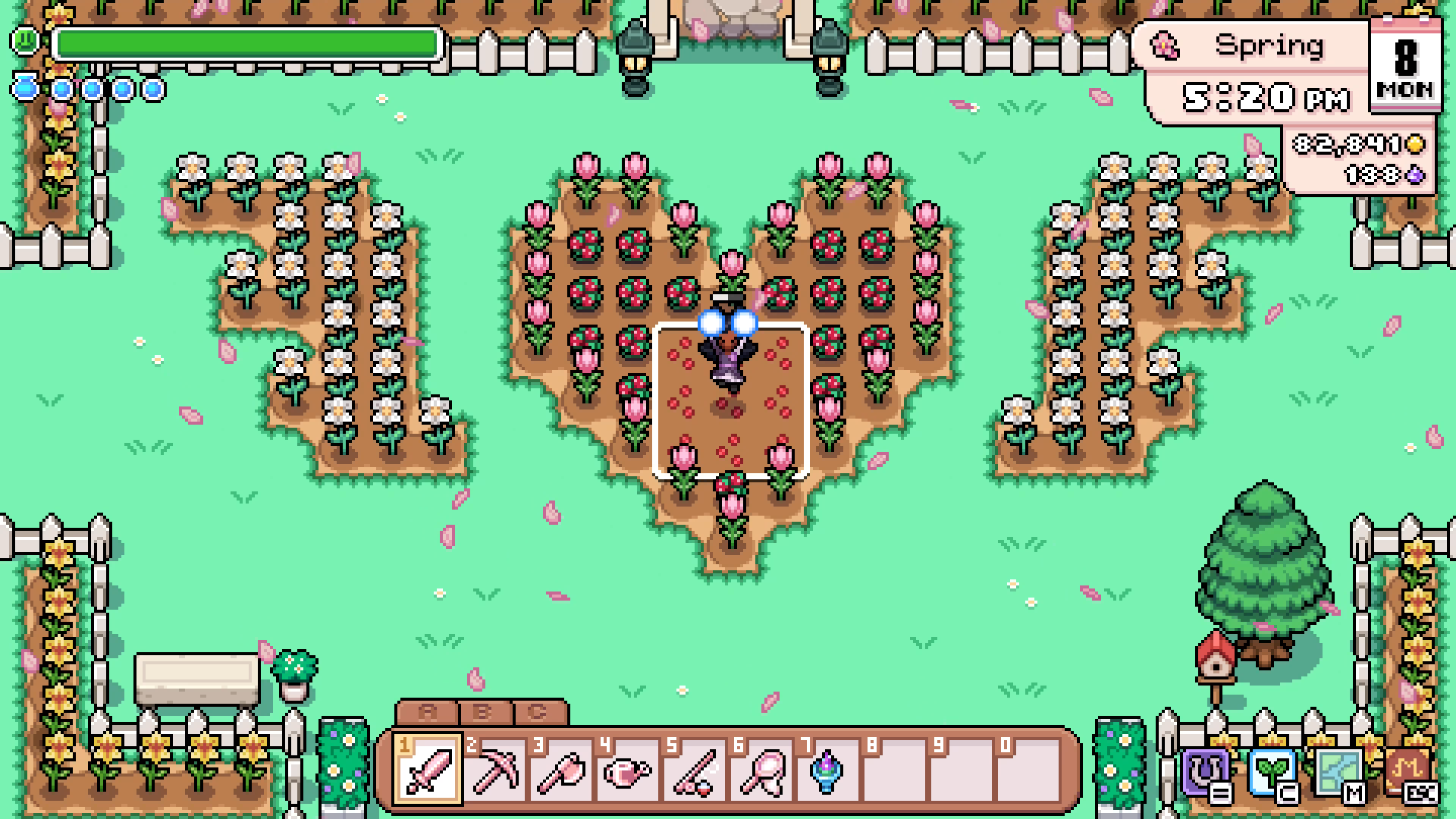 Player casting growth magic in a heart-shaped flower field